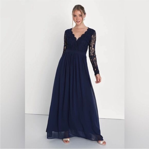 Lulus Navy Blue Long Sleeve Lace Maxi Dress Size M Romantic Open Back A-Line - Picture 1 of 11